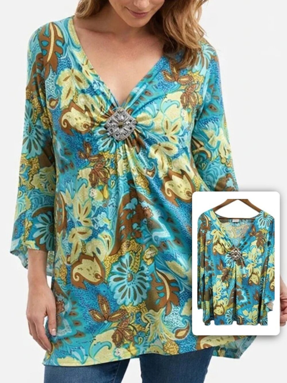 Fashion Bug Floral Tunic Embellished Boho Flowy Stretch Plus 18/20‎